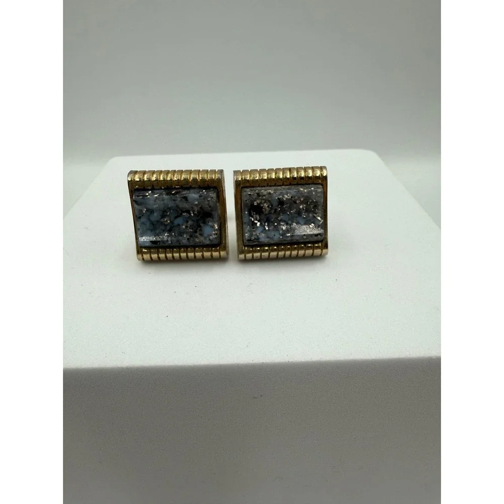 Vintage Gold Tone Speckled Stone Rectangular Cufflinks Mid Century Modern Mens